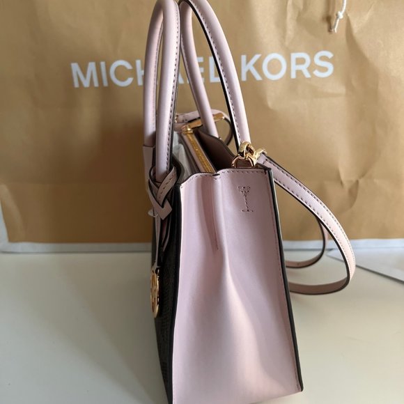 MICHAEL KORS Mercer Medium Pebbled Leather Crossbody Bag Brown/Pink Perforated - Picture 11 of 16